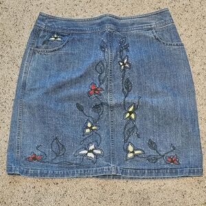 Floral Embroidered Denim Pencil Skirt